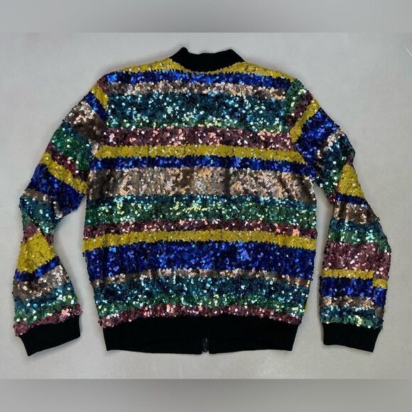 BEBE Sequin Bling Bomber Jacket Women Small Multicolor Striped Colorblock - Picture 3 of 6